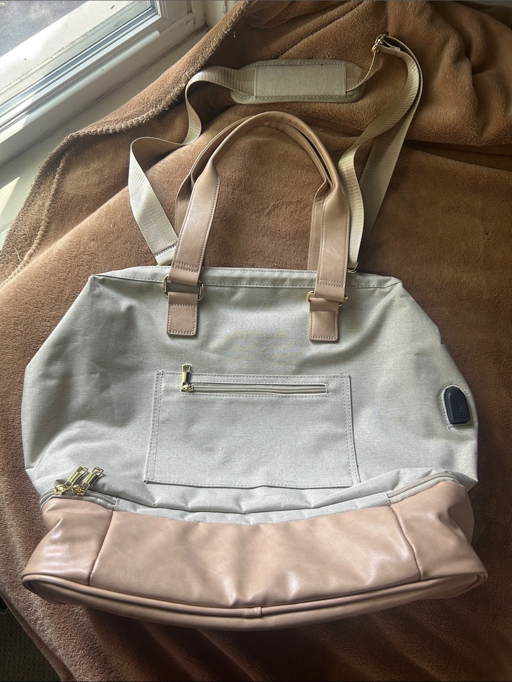 Amazon Neutral Canvas Travel Tote with Tan Trim and Gold Hardware